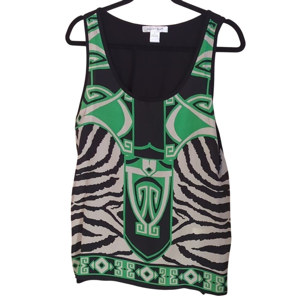 August Silk White Black Green Geometric Zebra Print Tank Top Women's Size L